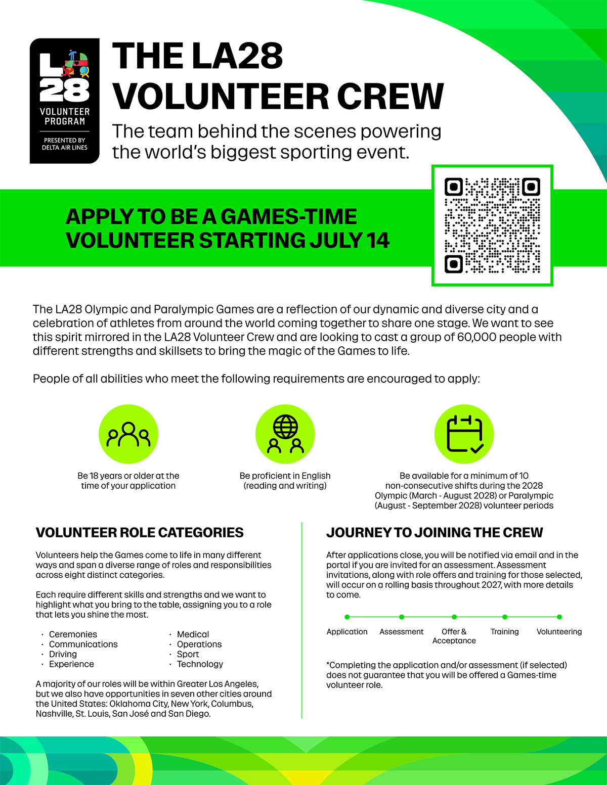 LA28 Volunteer Crew flyer inviting volunteers to apply for the 2028 Olympic and Paralympic Games starting July 14.