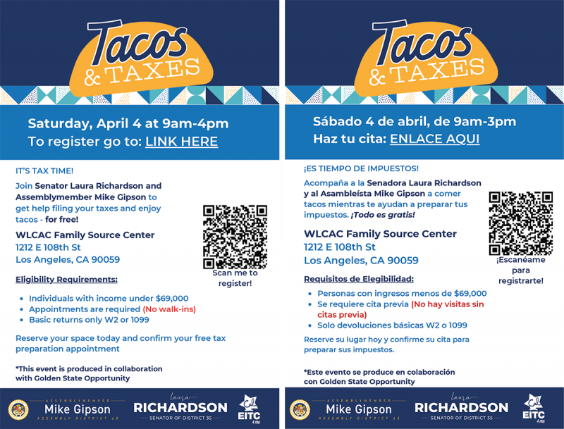 Flyer for the Tacos & Taxes event