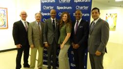 (pictured L-R): Peter Hidalgo - Director of Government Affairs, Charter; George McKenna - LAUSD Board Member; Nolan Rollins - LA Urban League President and CEO; Katherine Shapiro - Director of Government and Community Strategy, Charter; Senator Steven Bradford and Agustin Urgiles - Executive Co-Manager, CA Emerging Technology Fund